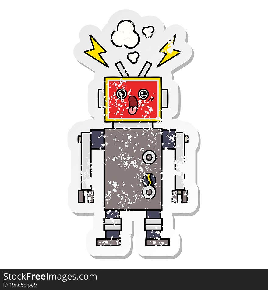 distressed sticker of a cute cartoon robot malfunction