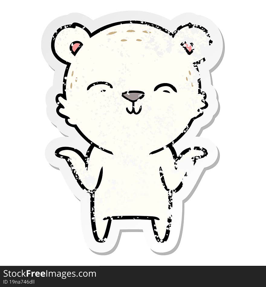 distressed sticker of a happy cartoon polar bear shrugging shoulders