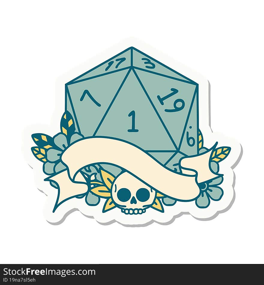 sticker of a natural one d20 dice roll. sticker of a natural one d20 dice roll