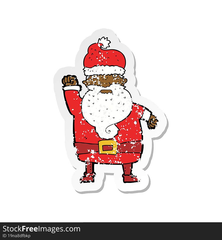 retro distressed sticker of a cartoon angry santa claus