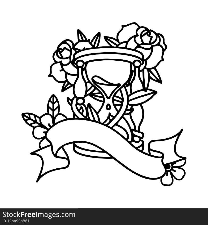 traditional black linework tattoo with banner of an hour glass and flowers