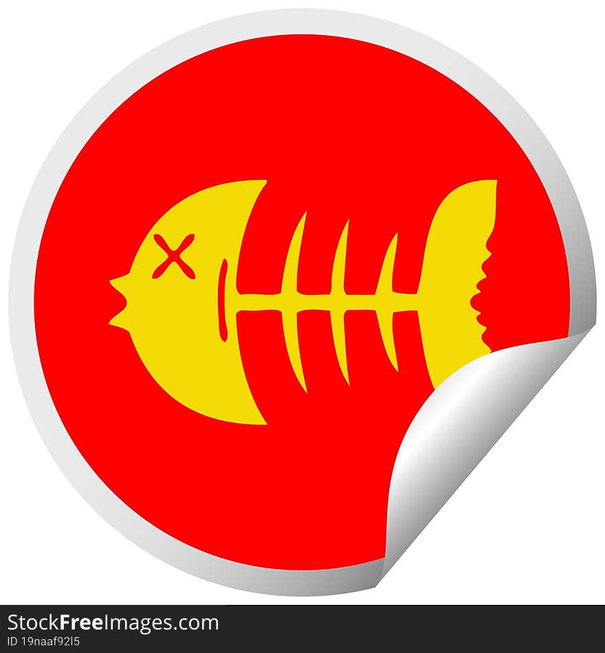 quirky circular peeling sticker cartoon dead fish bone