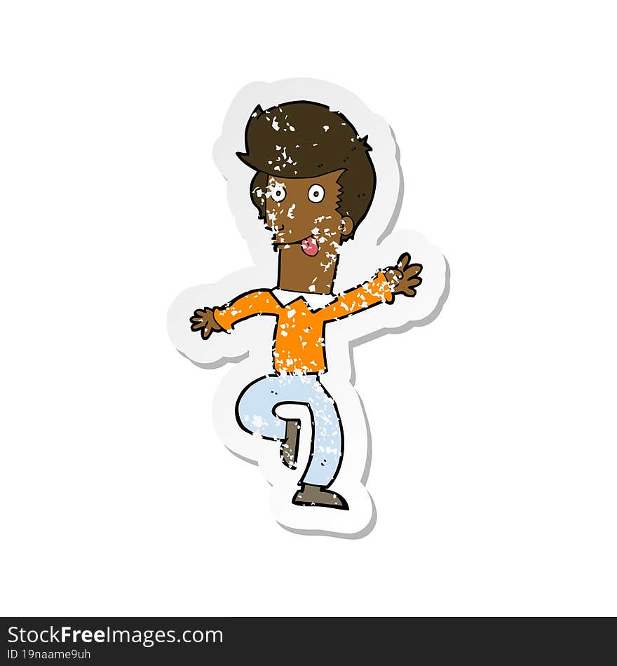 retro distressed sticker of a cartoon man dancing