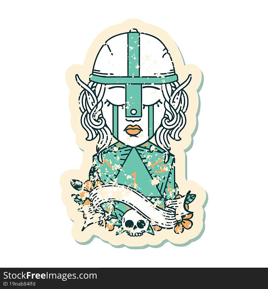 Retro Tattoo Style crying elf fighter character face with natural one D20 roll. Retro Tattoo Style crying elf fighter character face with natural one D20 roll