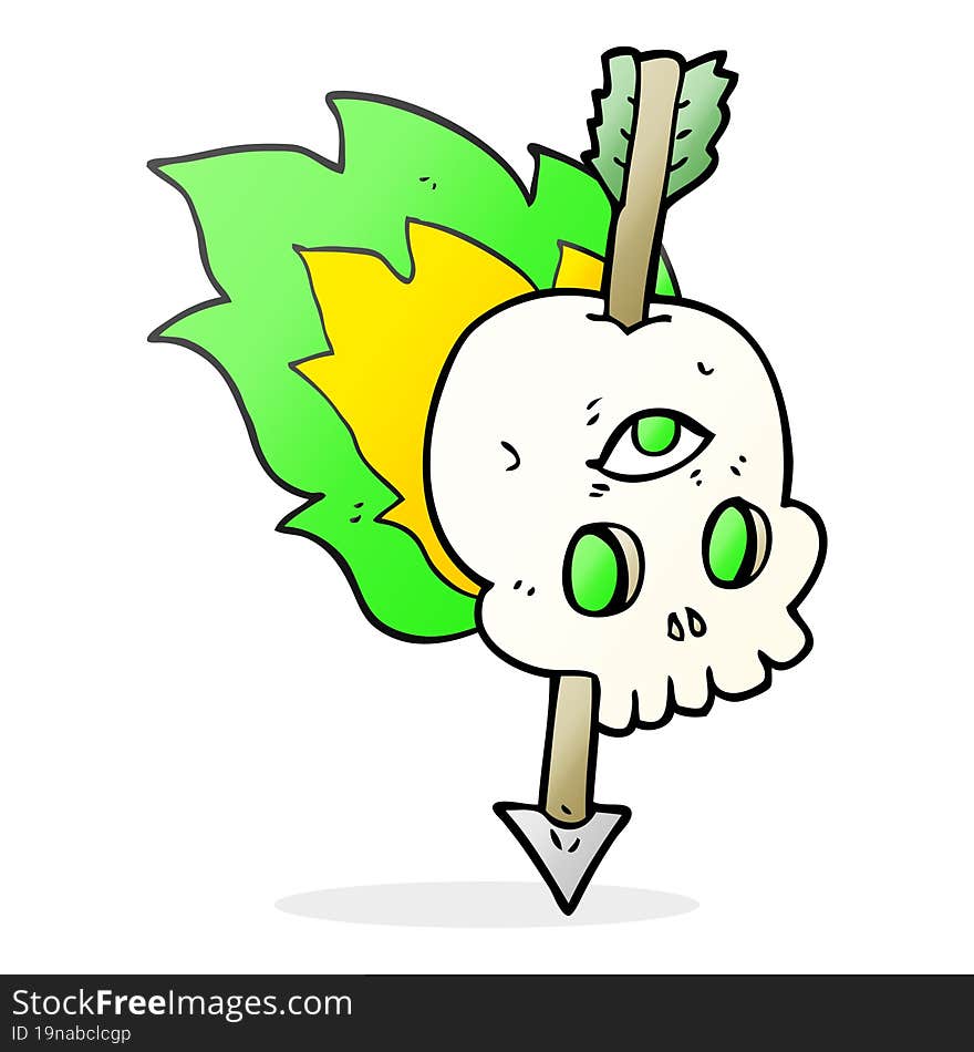 freehand drawn cartoon magic skull with arrow through brain