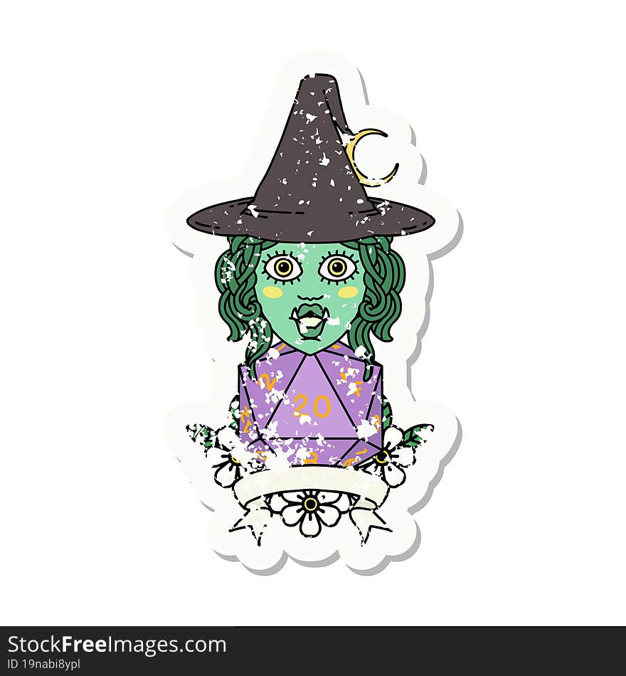 half orc witch character with natural 20 dice roll grunge sticker