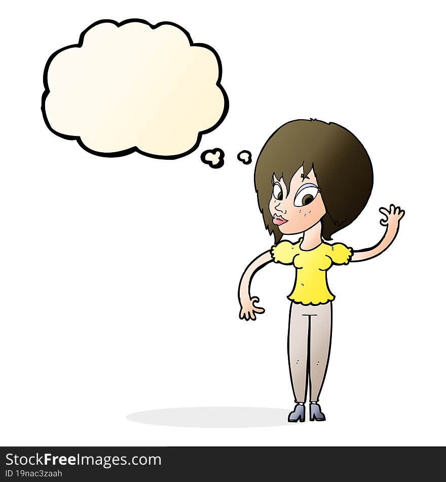 cartoon woman waving with thought bubble