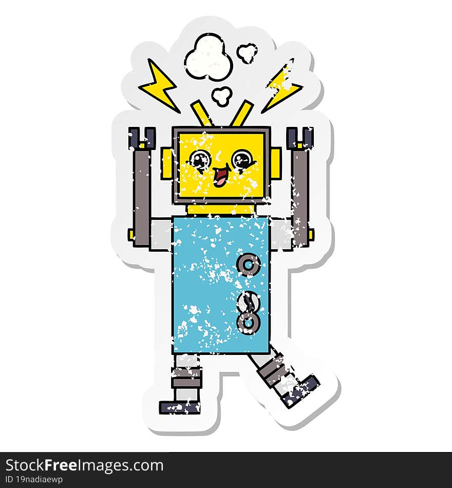 Distressed Sticker Of A Cute Cartoon Happy Robot