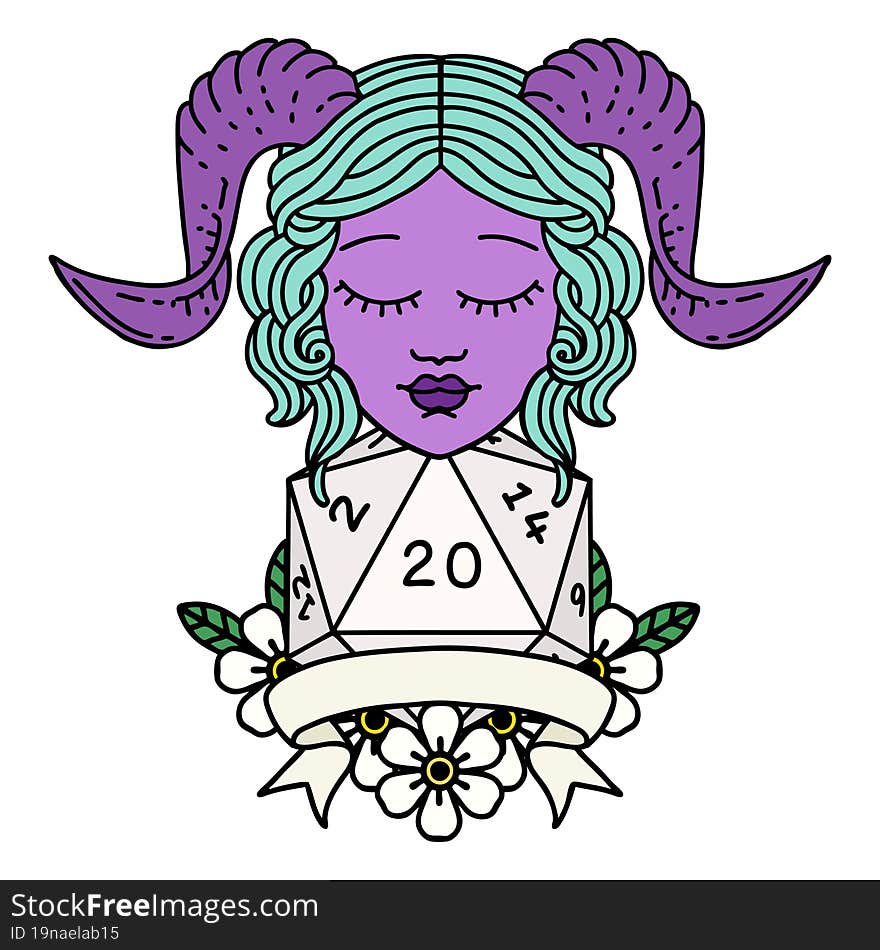 Retro Tattoo Style tiefling with natural 20 D20 roll. Retro Tattoo Style tiefling with natural 20 D20 roll