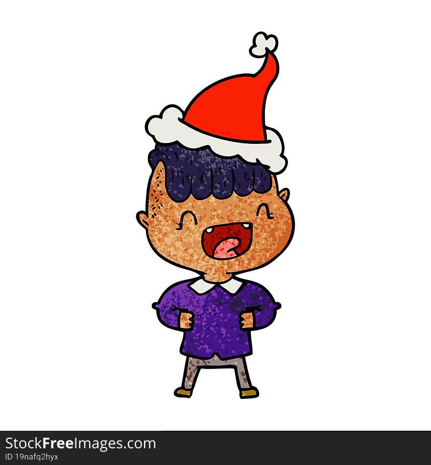 textured cartoon of a happy boy laughing wearing santa hat