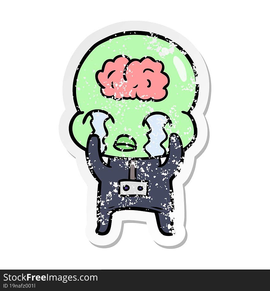 distressed sticker of a cartoon big brain alien crying