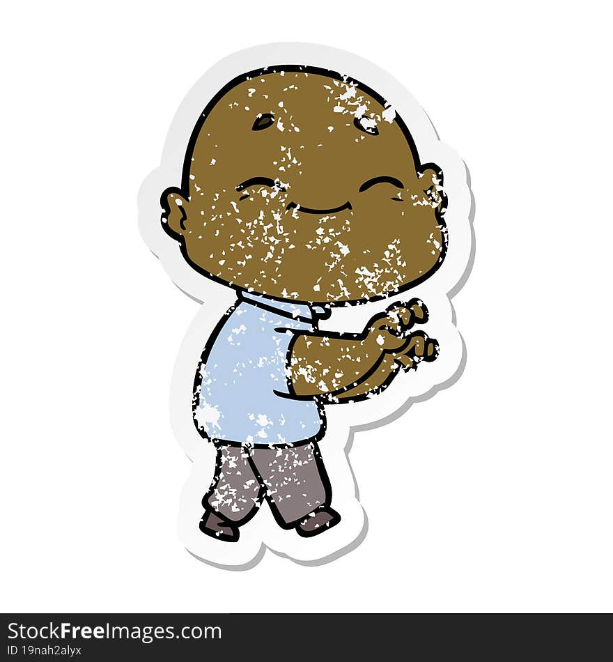 Distressed Sticker Of A Cartoon Happy Bald Man