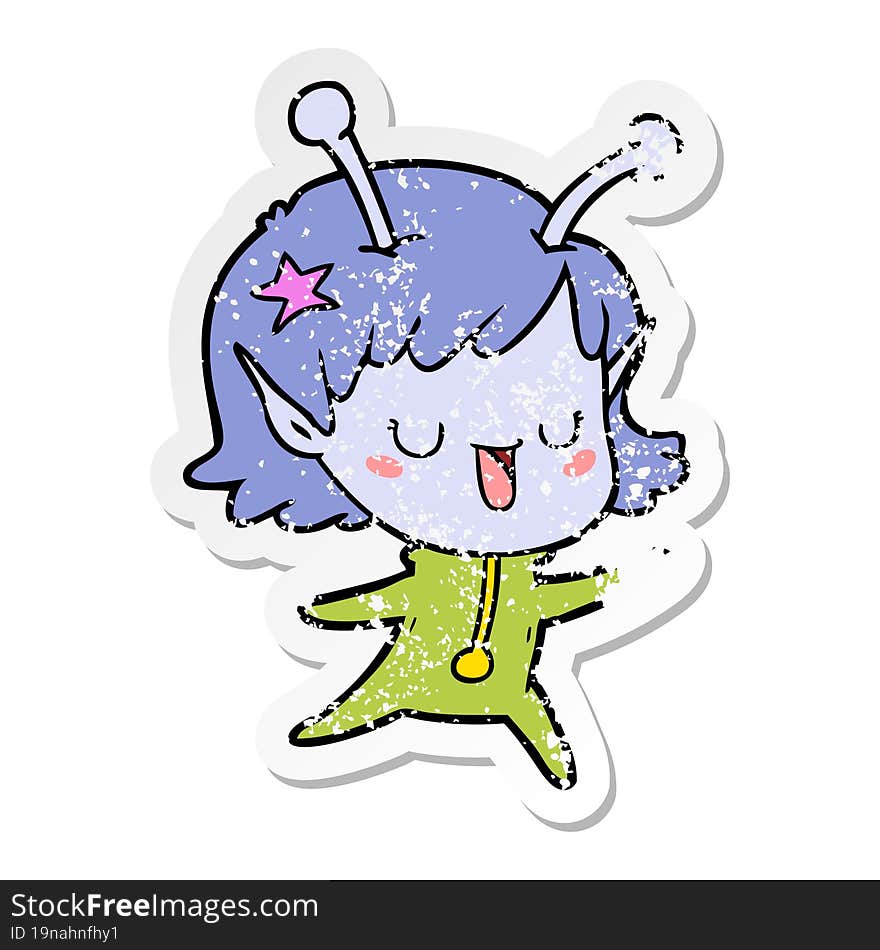 distressed sticker of a happy alien girl cartoon