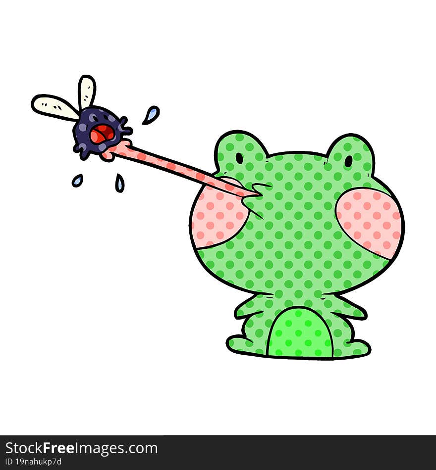 cute cartoon frog catching fly with tongue. cute cartoon frog catching fly with tongue