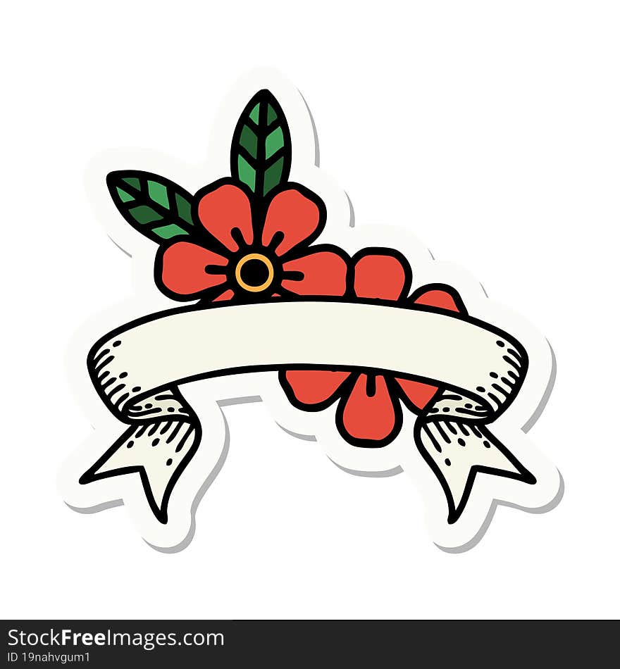 tattoo style sticker with banner of flowers