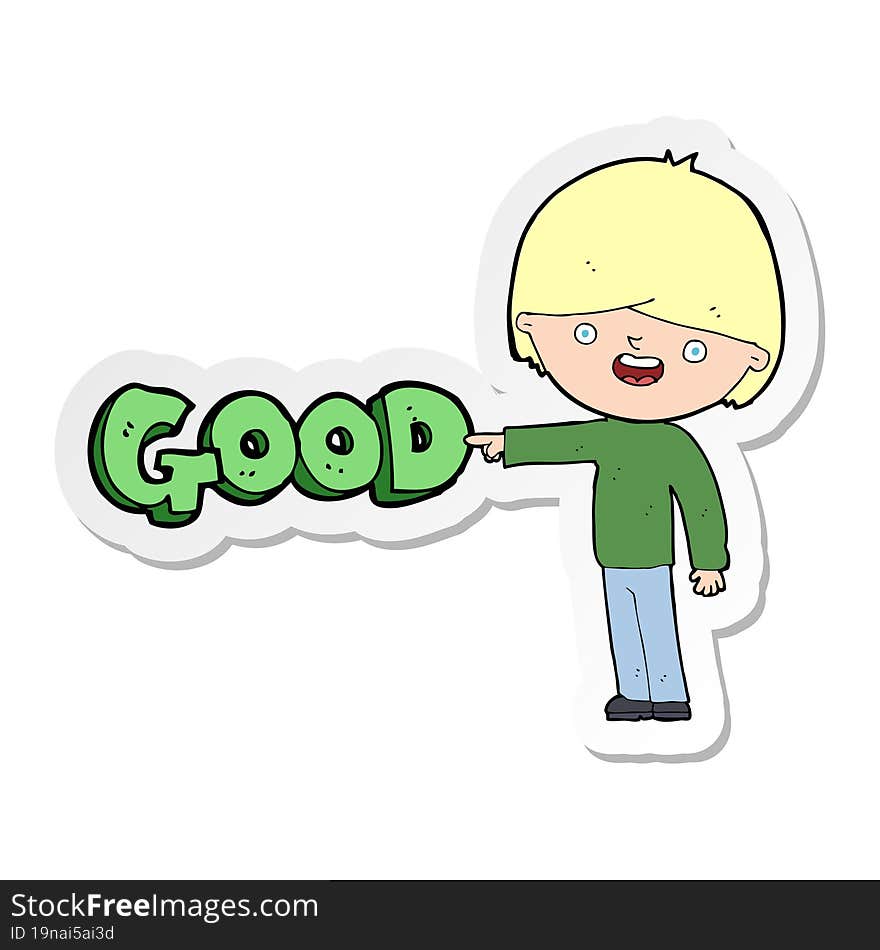 sticker of a cartoon man pointing out the good