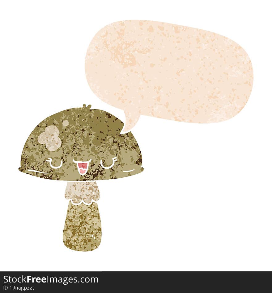 cartoon mushroom and speech bubble in retro textured style