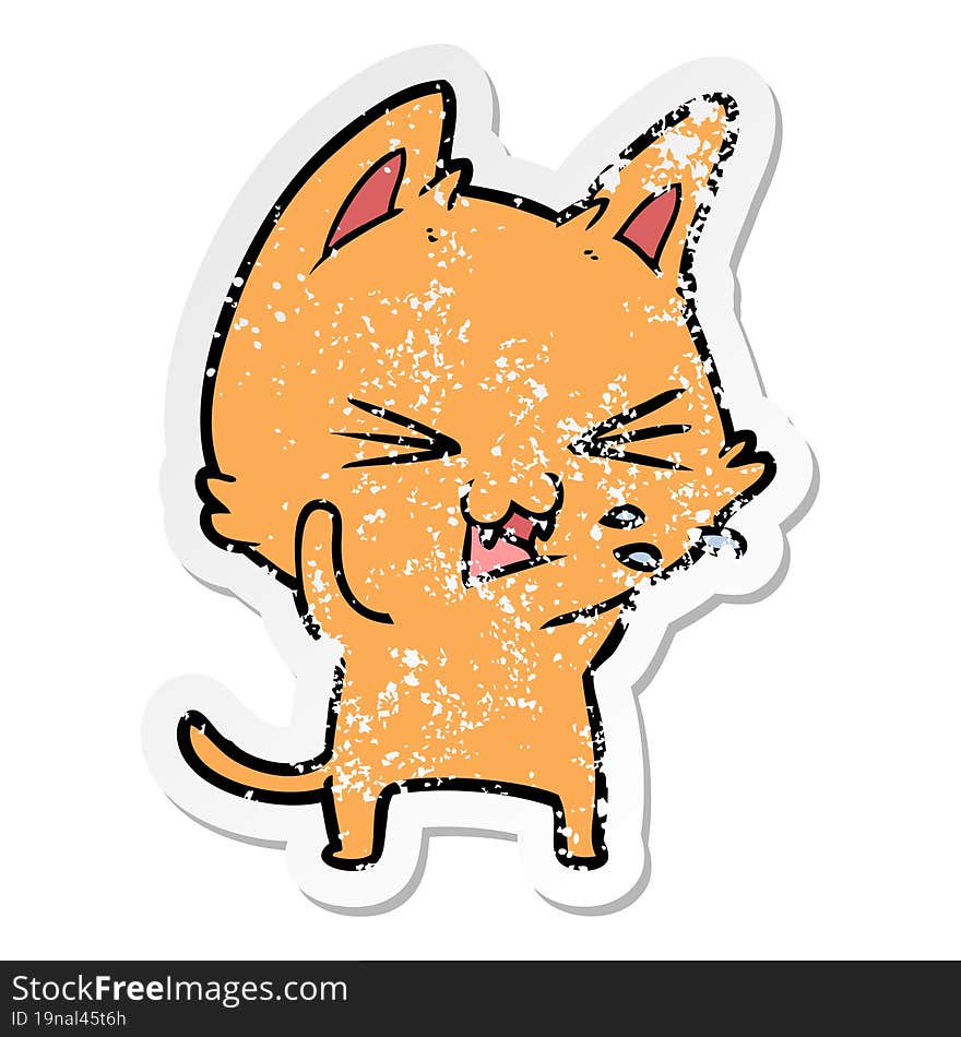 distressed sticker of a cartoon cat hissing