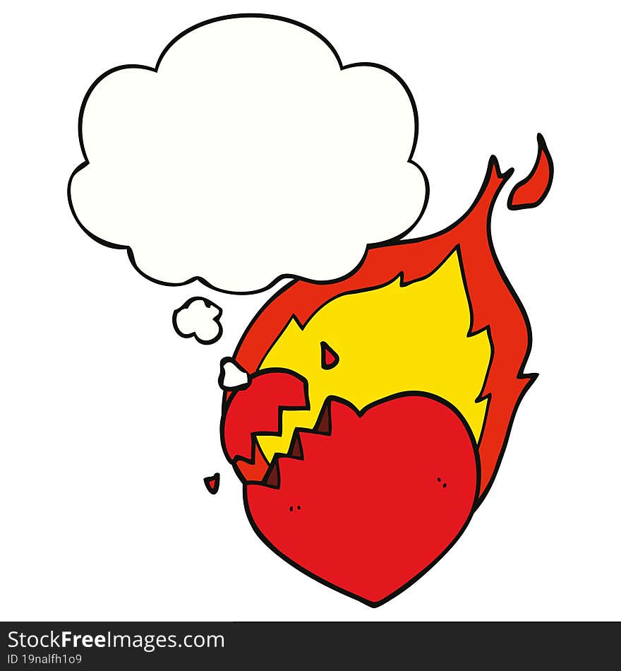 cartoon flaming heart and thought bubble