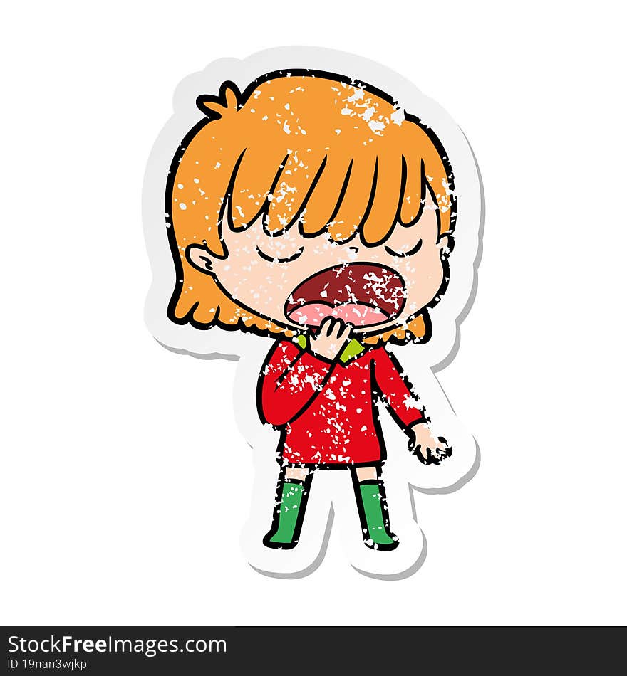 distressed sticker of a cartoon woman talking loudly