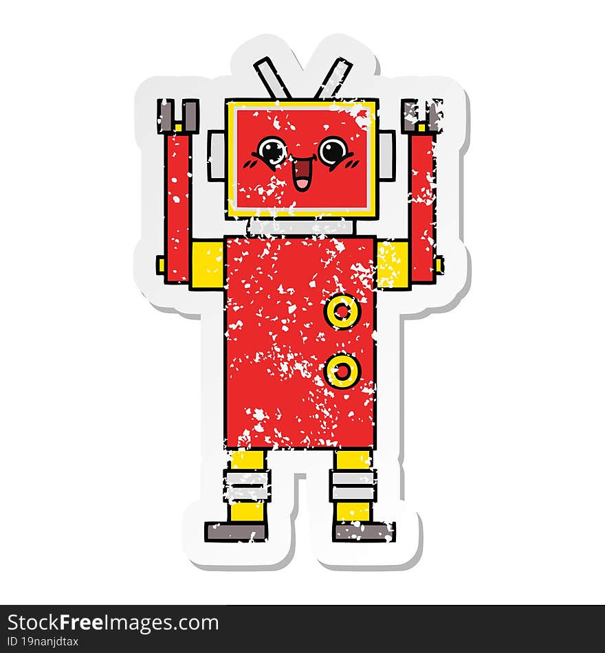 Distressed Sticker Of A Cute Cartoon Happy Robot