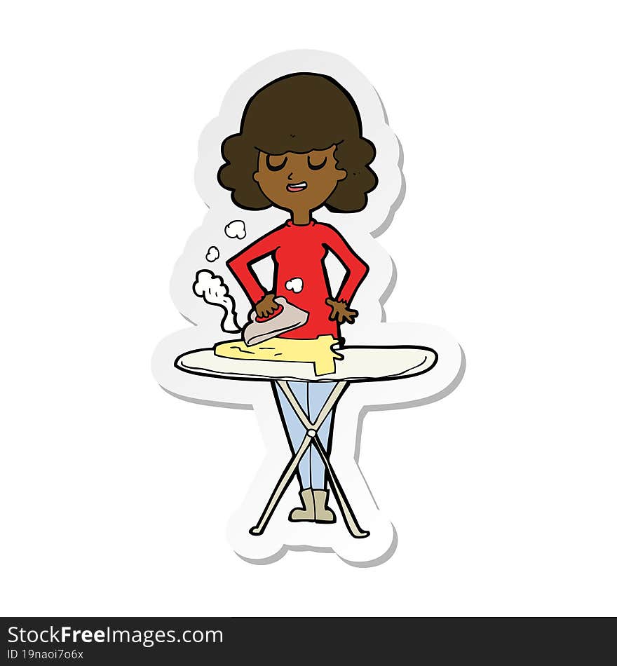 sticker of a cartoon woman ironing