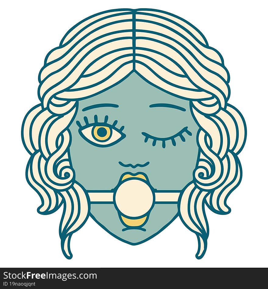 tattoo style icon of winking female face with ball gag