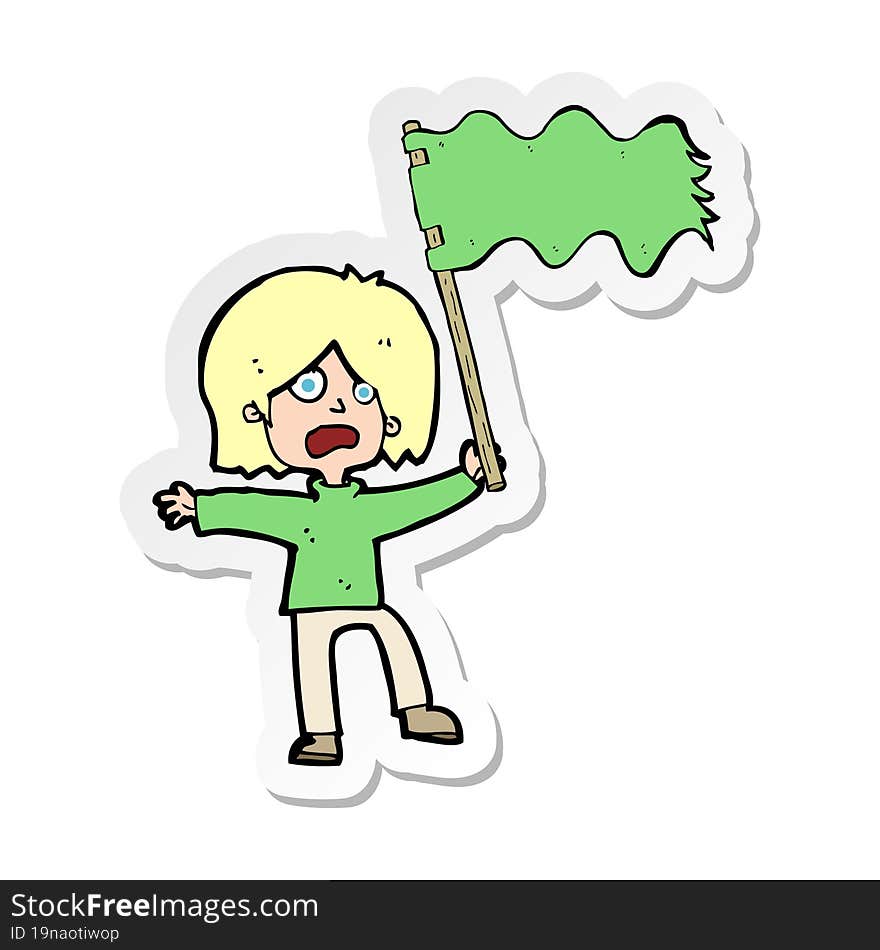 Sticker Of A Cartoon Woman Waving Green Flag