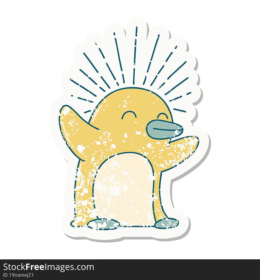 grunge sticker of tattoo style happy penguin