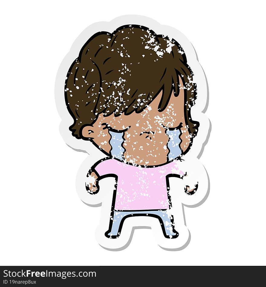 distressed sticker of a cartoon woman crying