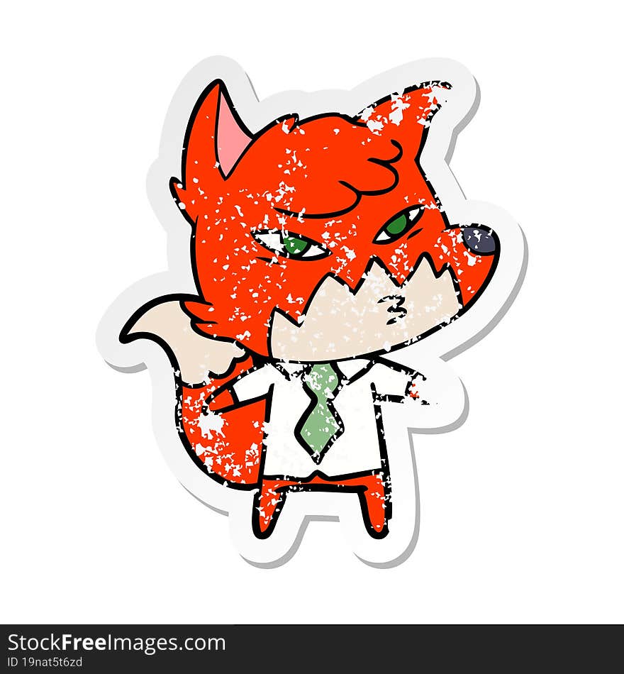 distressed sticker of a clever cartoon fox