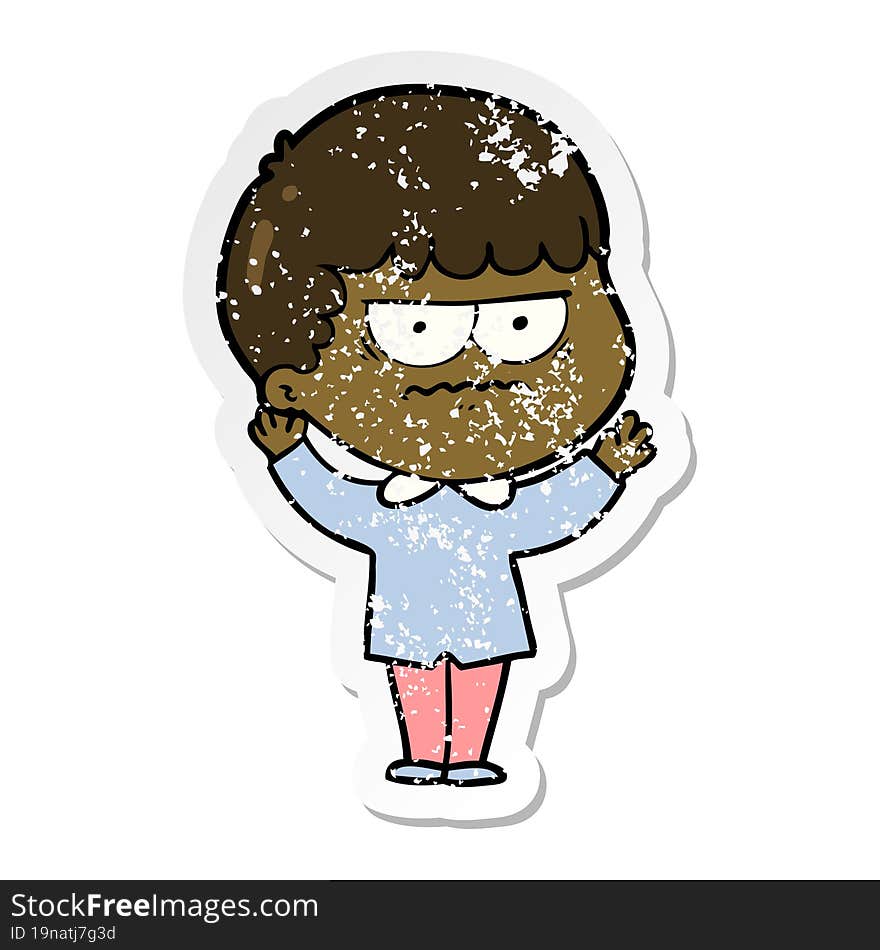 distressed sticker of a cartoon annoyed man