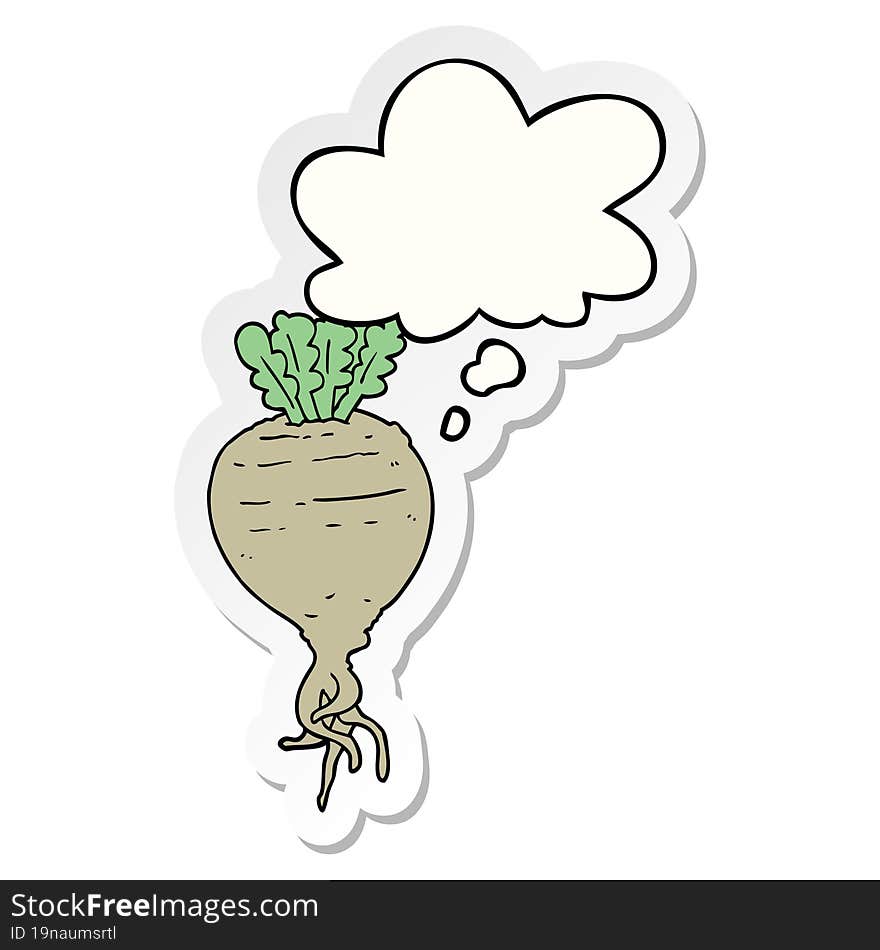 cartoon root vegetable with thought bubble as a printed sticker