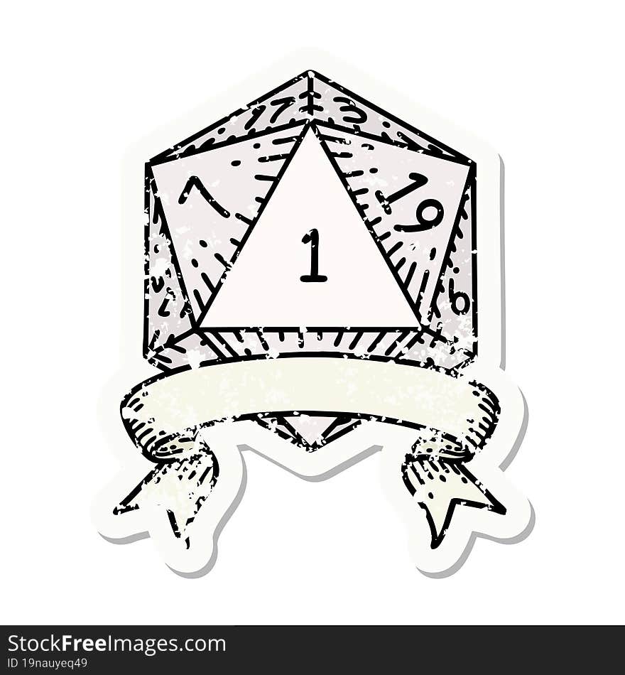 grunge sticker of a natural one d20 dice roll. grunge sticker of a natural one d20 dice roll