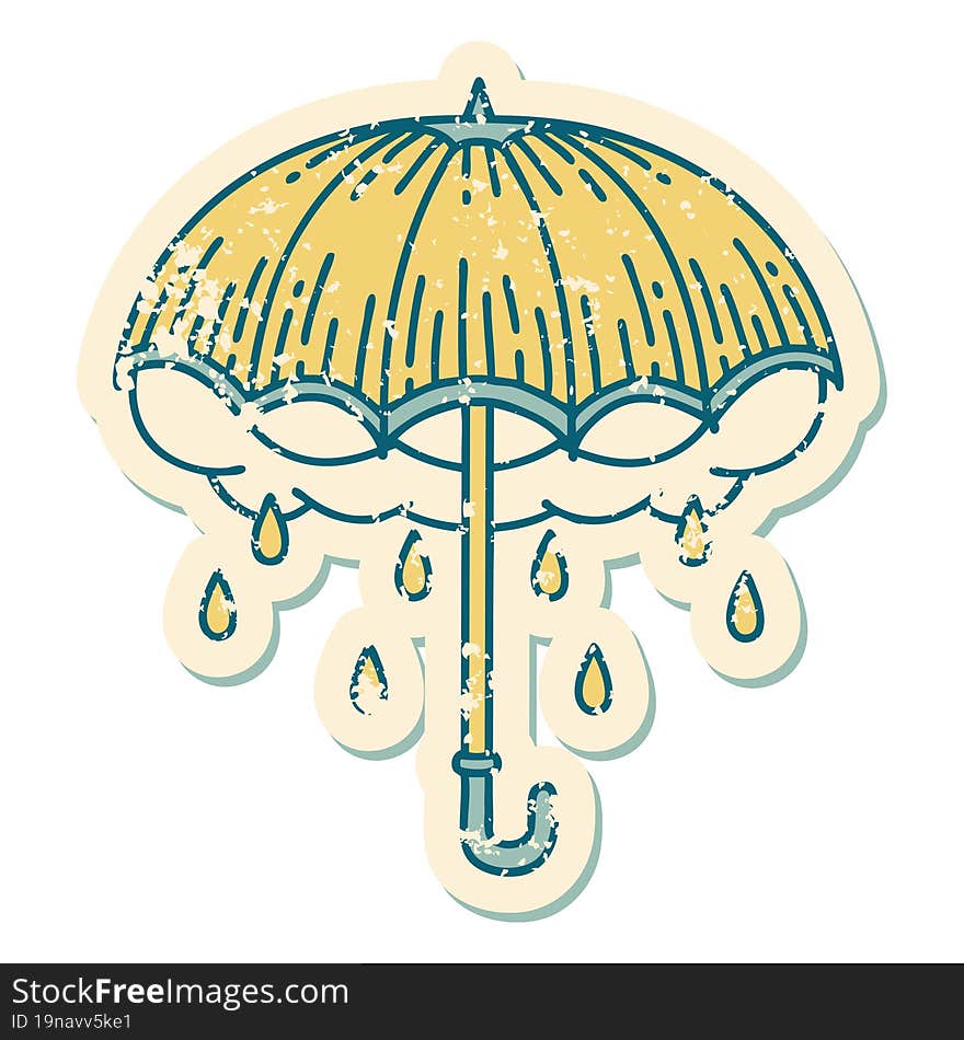 distressed sticker tattoo style icon of an umbrella and storm cloud