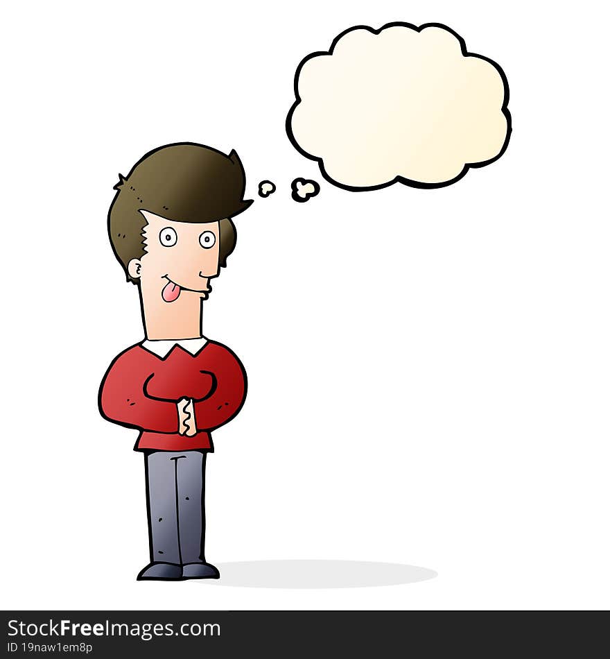 cartoon man sticking out tongue with thought bubble