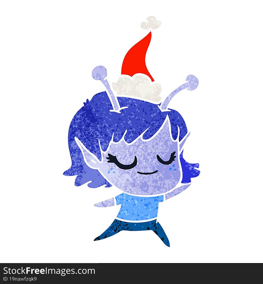 smiling alien girl retro cartoon of a wearing santa hat