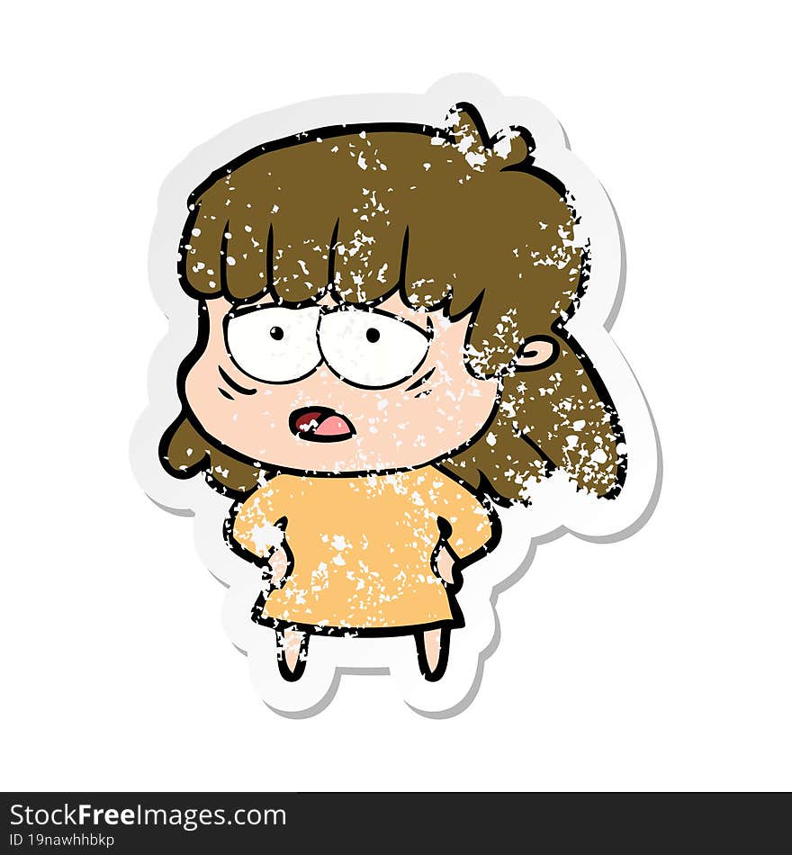 distressed sticker of a cartoon tired woman