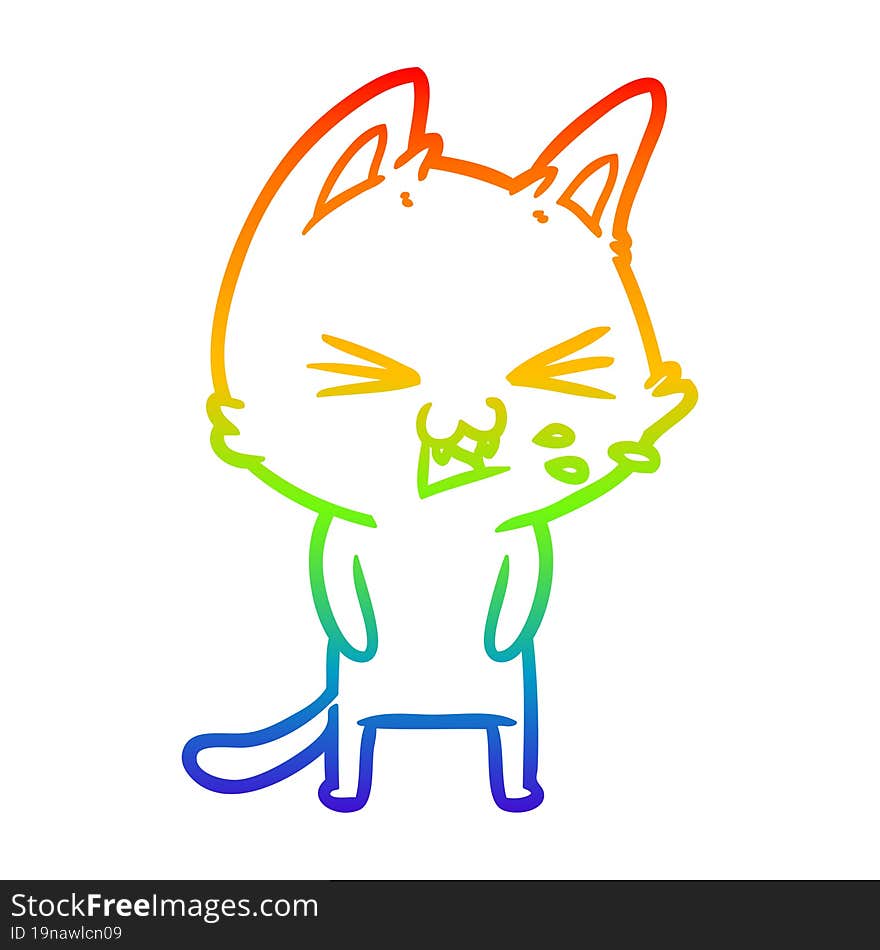 Rainbow Gradient Line Drawing Cartoon Cat Hissing