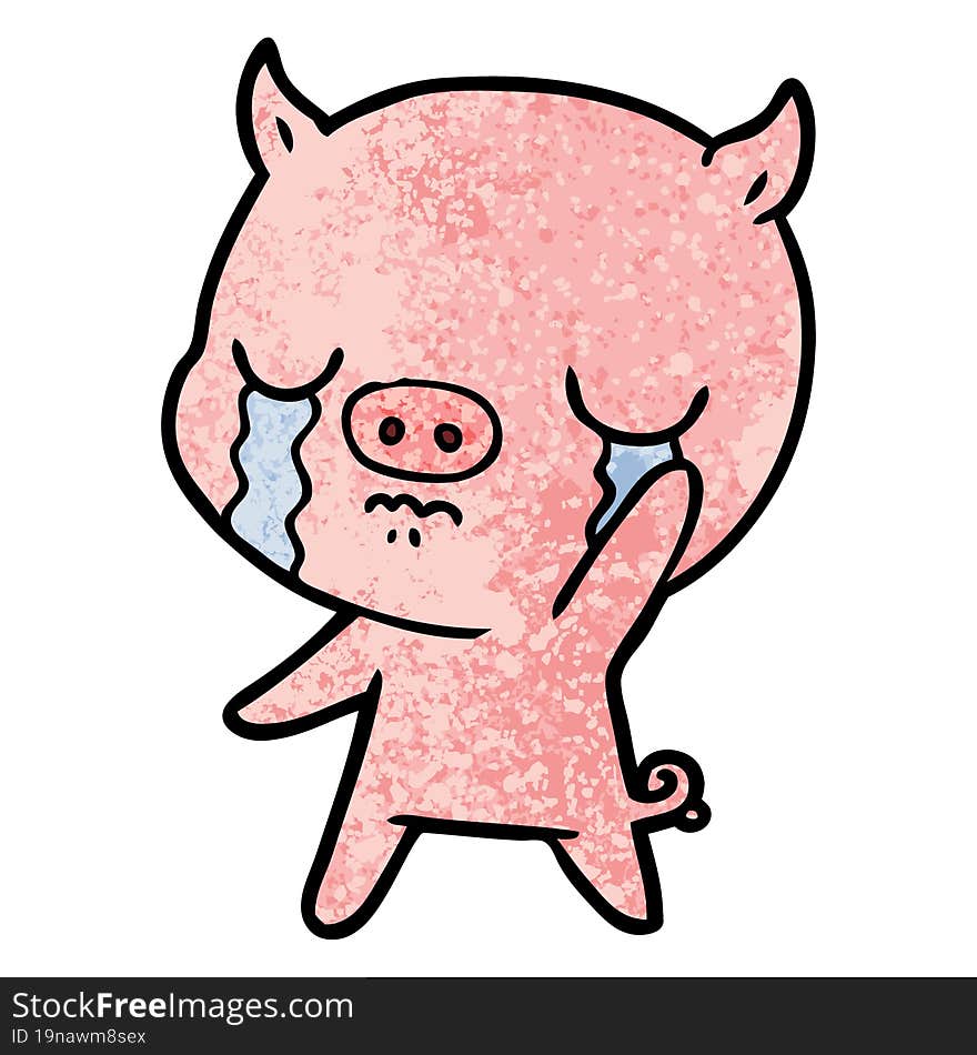 cartoon pig crying waving goodbye. cartoon pig crying waving goodbye