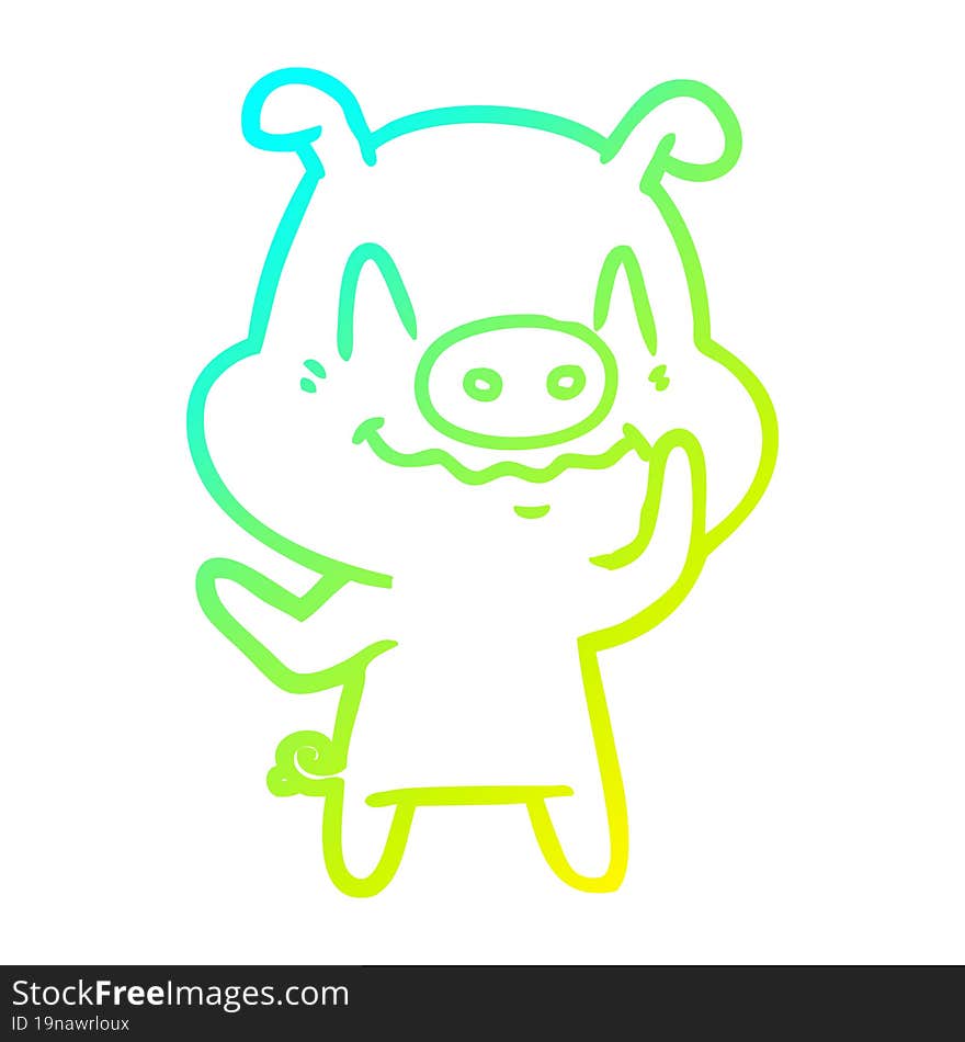 cold gradient line drawing of a nervous cartoon pig