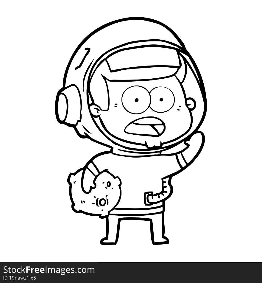 cartoon surprised astronaut holding moon rock. cartoon surprised astronaut holding moon rock