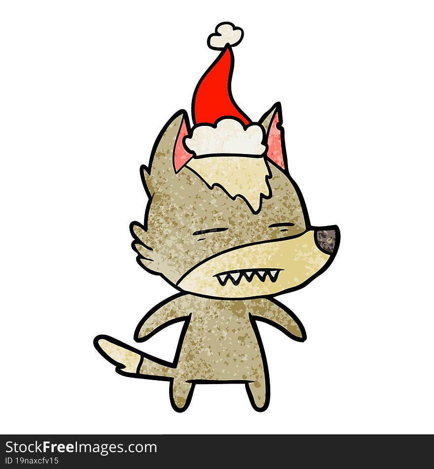 textured cartoon of a wolf showing teeth wearing santa hat