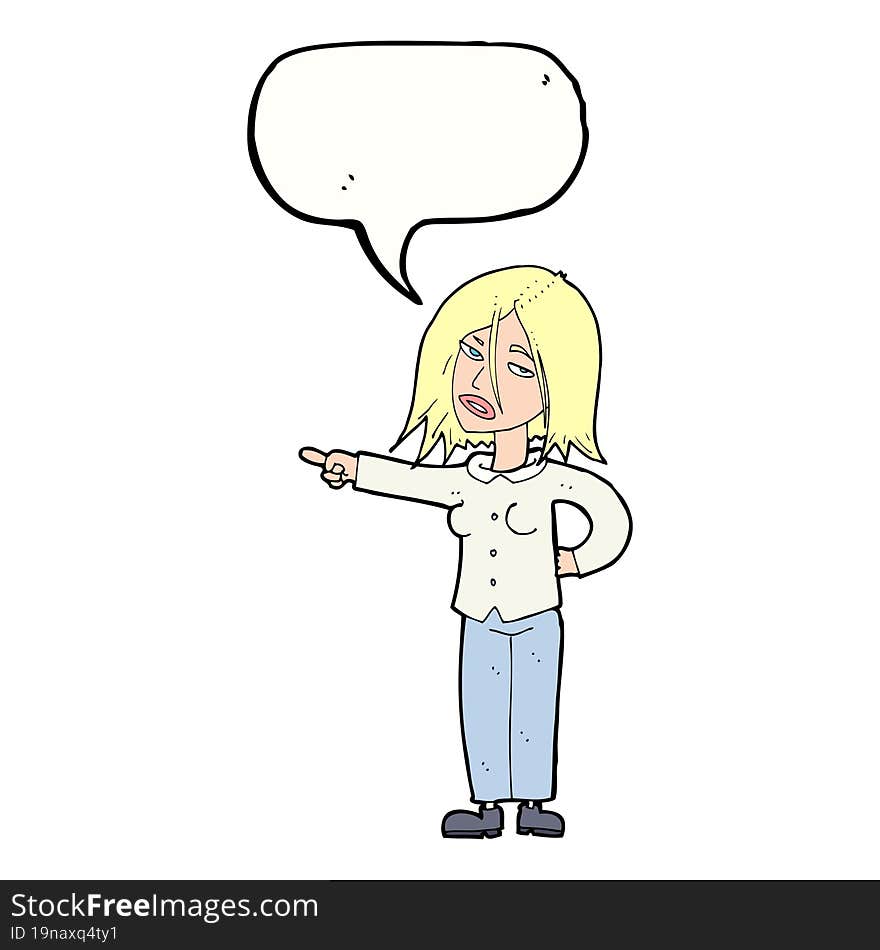 cartoon woman pointing with speech bubble