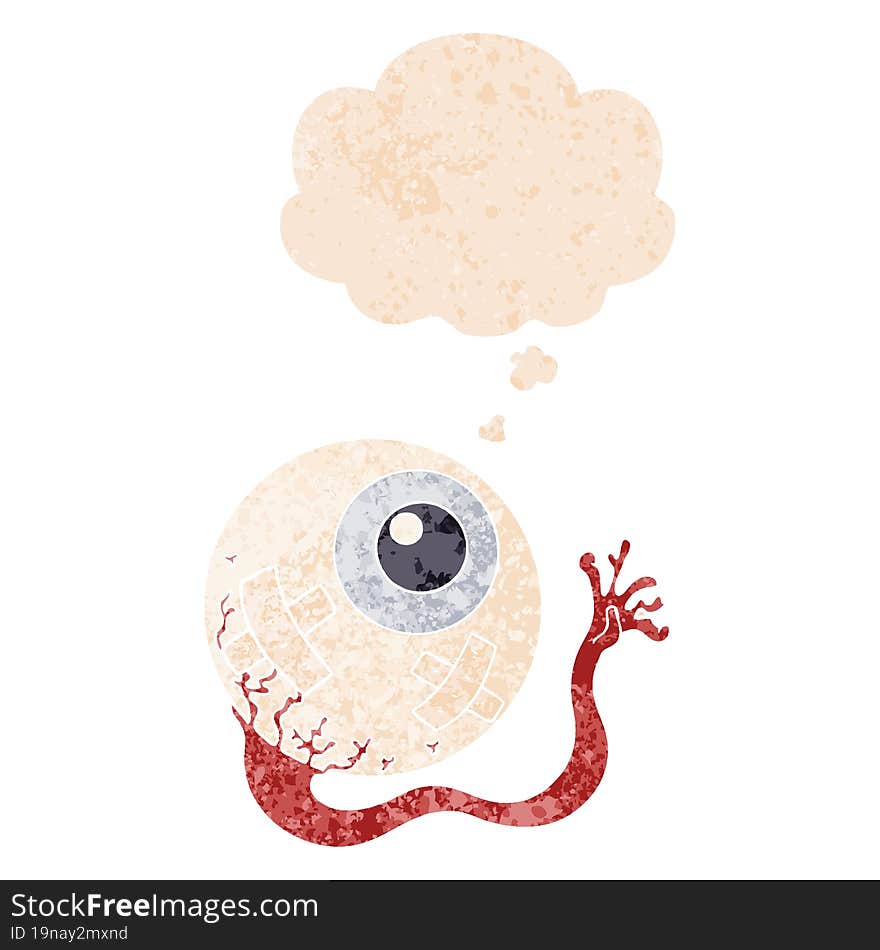 cartoon injured eyeball and thought bubble in retro textured style