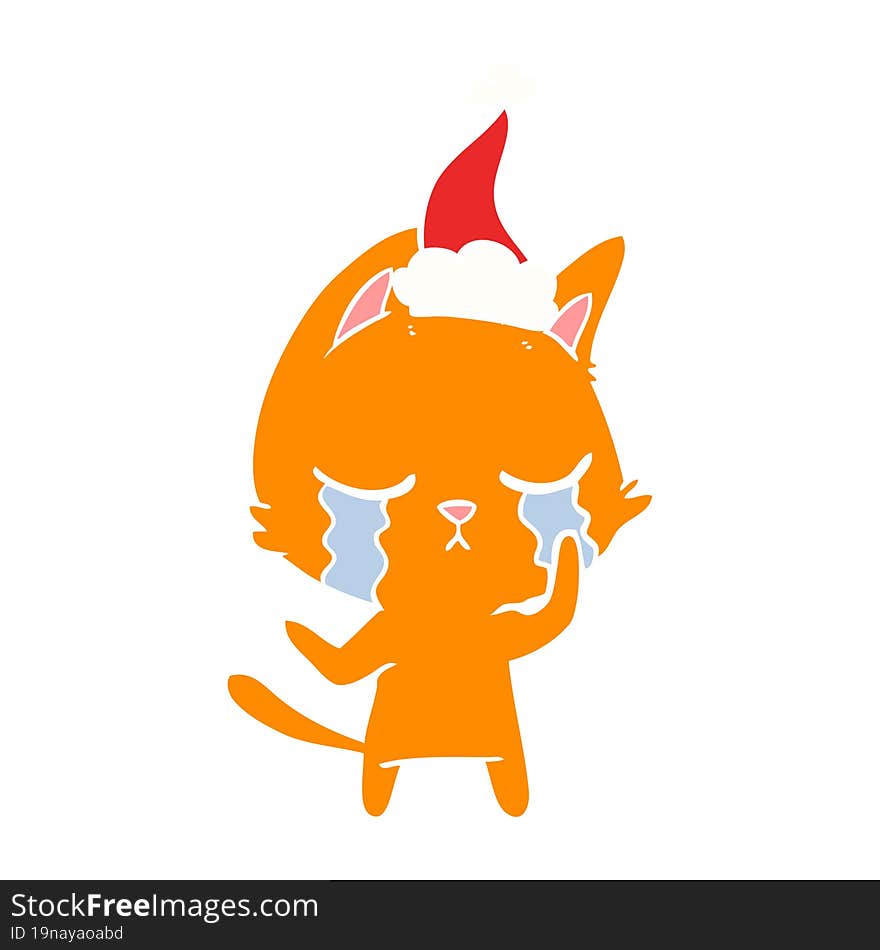 crying flat color illustration of a cat wearing santa hat