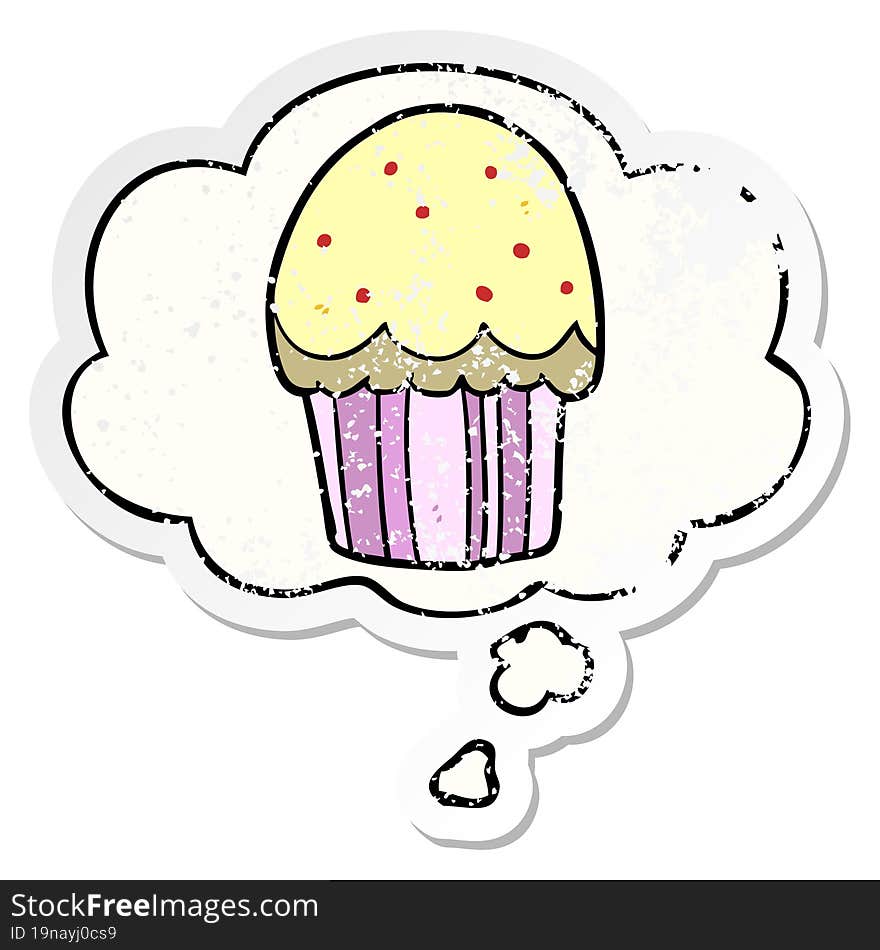 cartoon cupcake with thought bubble as a distressed worn sticker