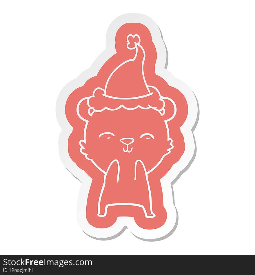 happy quirky cartoon  sticker of a polar bear wearing santa hat