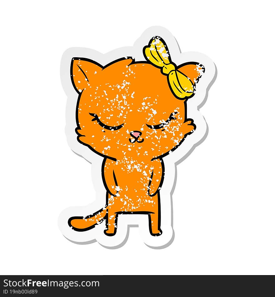 distressed sticker of a cute cartoon cat with bow