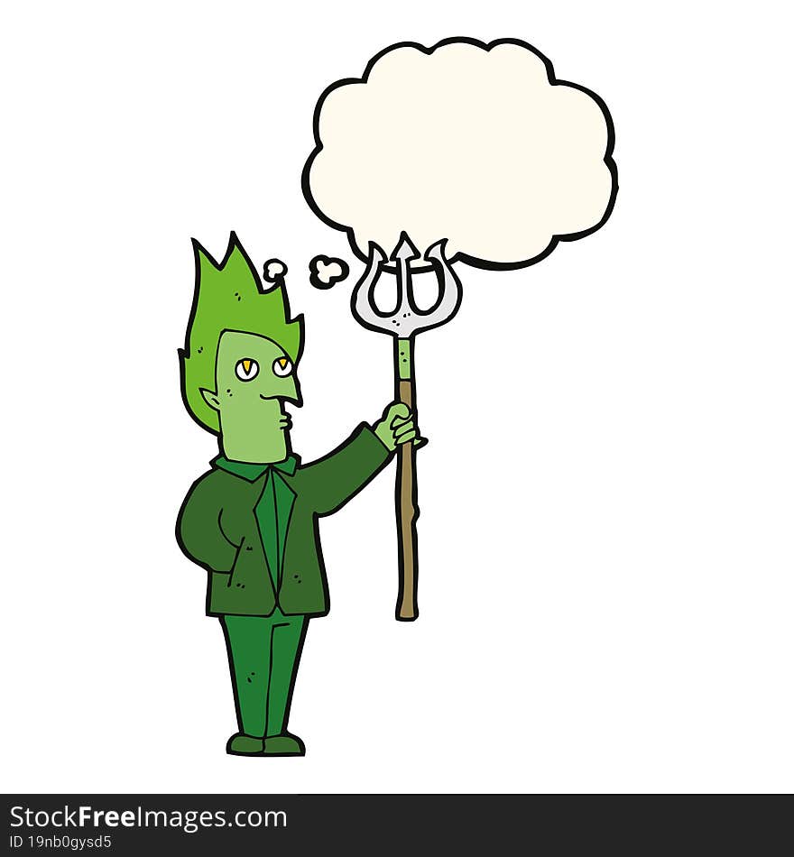 cartoon devil with pitchfork with thought bubble